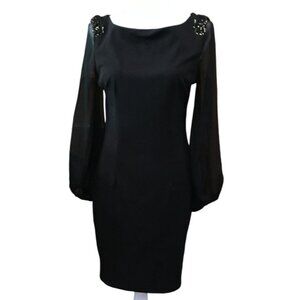 Miusol Black Long-Sleeve Dress With Beaded Shoulder Accents & Sheer Sleeves Size